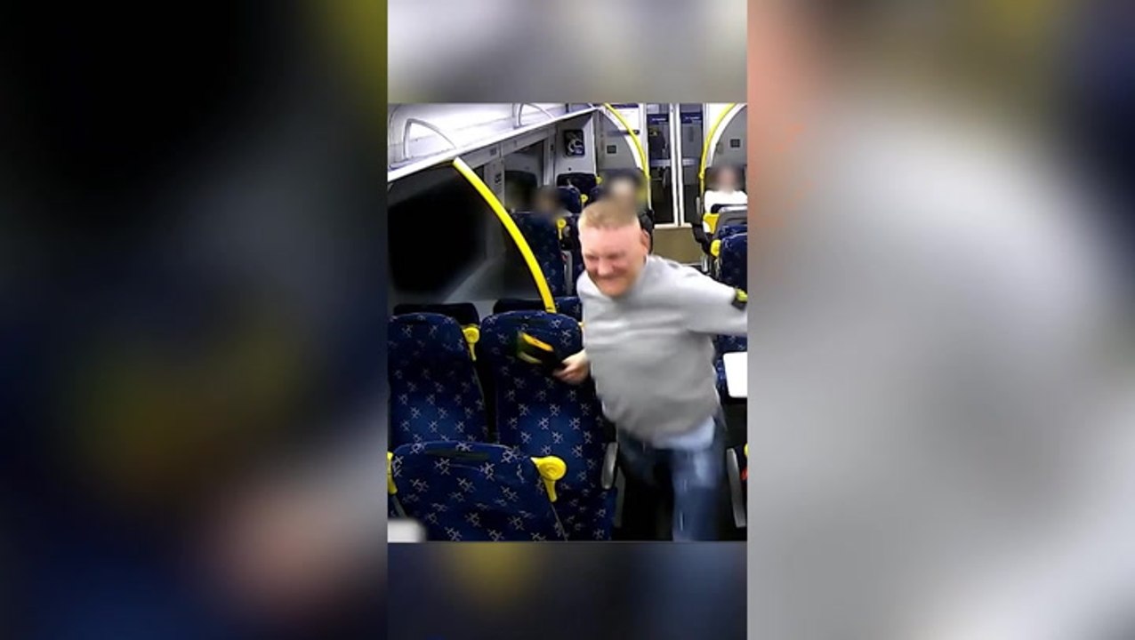Terrifying moment train passenger launches bottle attack on strangers