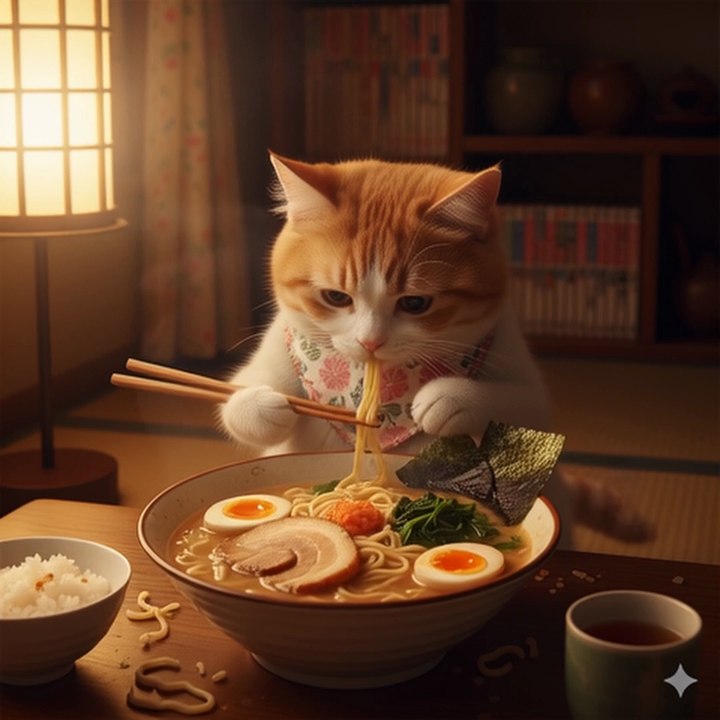 Cat eating noodles
