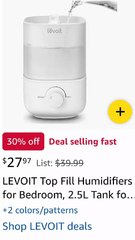 New .LEVOIT Top Fill Humidifiers for Bedroom, 2.5L Tank for Large Room, Easy to Fill & Clean, 28dB Quiet Cool Mist Air Humidifier for Home