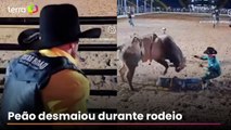 Peão desmaia em cima de touro, cai e fratura costela durante rodeio no interior de São Paulo