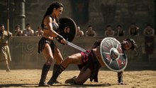 Strong woman warriors humiliate men in the arena.