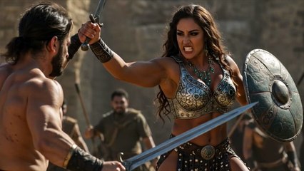 Amazon Bodybuilder practices sword duels with her male subordinate.