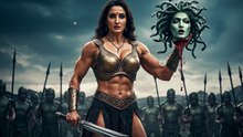 Mighty Amazon warrior uses Medusa's head to turn the entire army of men to stone.