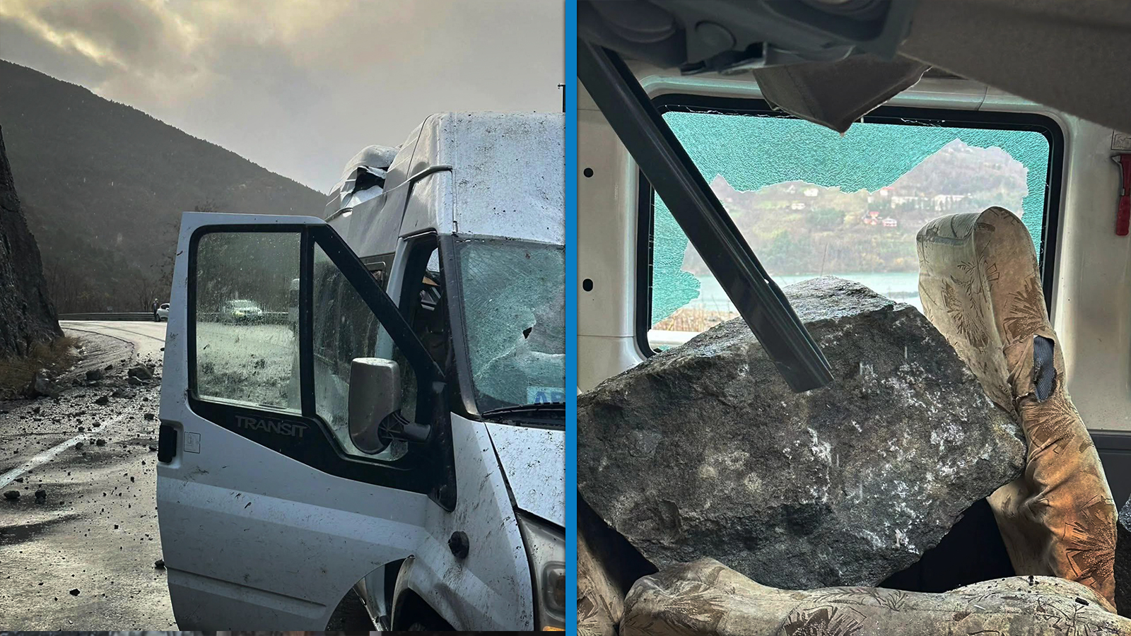 Artvin'de yamaçtan kopan kaya minibüse isabet etti