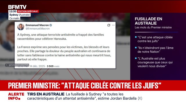 Fusillade à Sydney: Emmanuel Macron dénonce une attaque terroriste antisémite