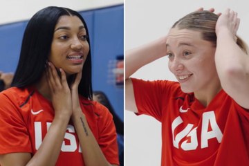 Angel Reese and Paige Bueckers share a lighthearted moment at U.S. Basketball training