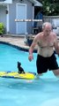 Grandpa teaches kitten how to swim