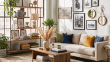 Stunning modern‑boho living room vibe 🌟✨ Big industrial windows flood the space with natural light, highlighting a cozy beige sofa dressed in mustard & navy pillows. A rustic wooden coffee table sits on a vibrant patterned rug,