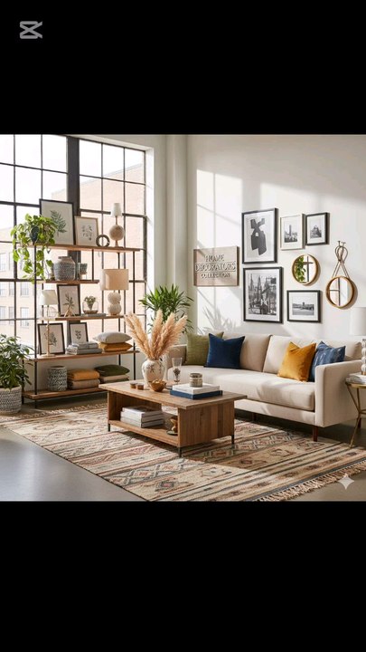 Stunning modern‑boho living room vibe 🌟✨ Big industrial windows flood the space with natural light, highlighting a cozy beige sofa dressed in mustard & navy pillows. A rustic wooden coffee table sits on a vibrant patterned rug,