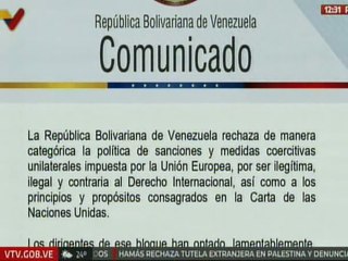 Venezuela rechaza política de sanciones y medidas coercitivas impuesta por la Unión Europea