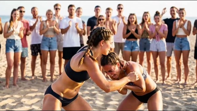 Female wrestlers wrestling on a beach.