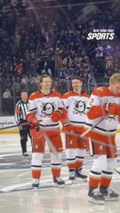 The look between Jacob Trouba and Chris Kreider before facing the Rangers