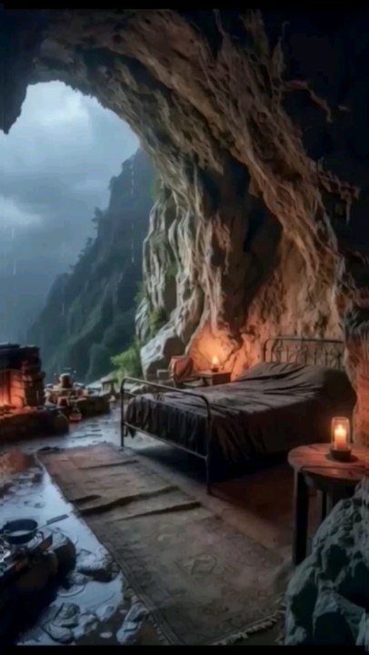 Cozy raining mountain cave .
