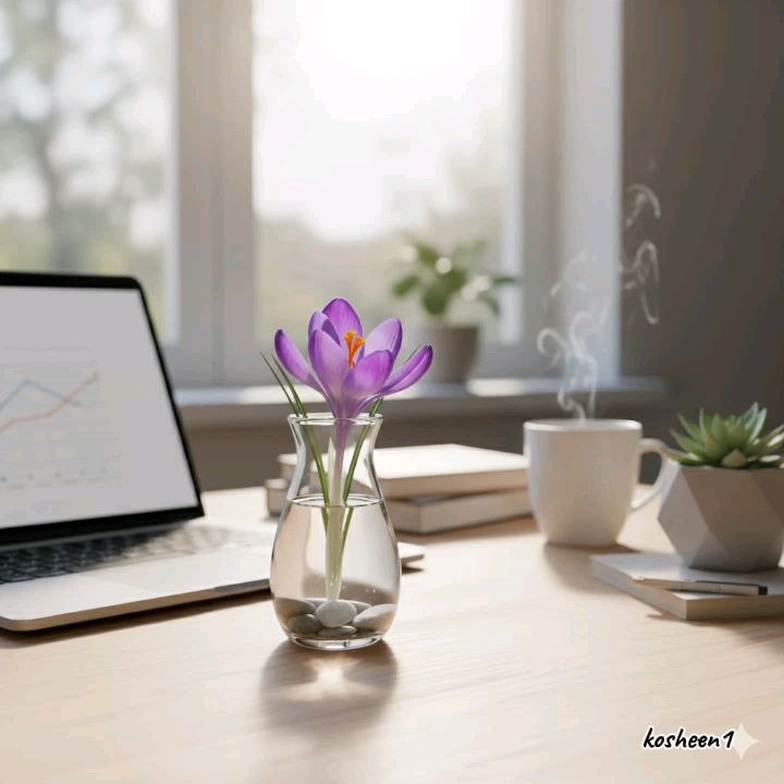 🌸✨ Brighten up your workspace with this minimalist desk setup! A sleek glass vase filled with fresh purple crocus flowers and smooth pebbles sits beside an open laptop showing a line graph, a steaming white coffee mug, and a geometric  ✨🌿🚀