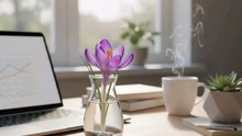 🌸✨ Brighten up your workspace with this minimalist desk setup! A sleek glass vase filled with fresh purple crocus flowers and smooth pebbles sits beside an open laptop showing a line graph, a steaming white coffee mug, and a geometric  ✨🌿🚀