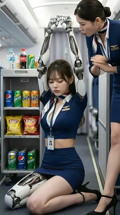 The tomboy humanoid became a air hostess and brightened up the flight.