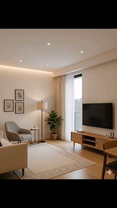 "Cozy modern living room vibes 🌟✨ Minimalist elegance with soft neutrals, warm lighting, and a touch of green for that fresh feel. Perfect spot to unwind and binge-watch your fav shows! #InteriorDesign #HomeDecor #LivingRoomGoals #CozyVibes