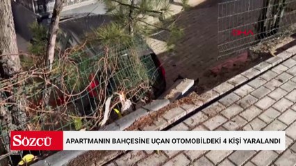 Apartmanın bahçesine uçan otomobildeki 4 kişi yaralandı; kaza kamerada
