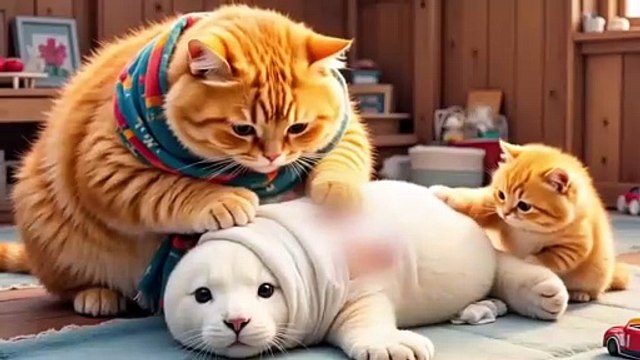 Mama Cat Rescues Injured Seal, Brings Him Home, Bandage The Wound - Kitten & Seal Building A Snowman