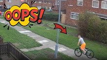 Little boy pulls brake quickly and flies headfirst over the handlebars