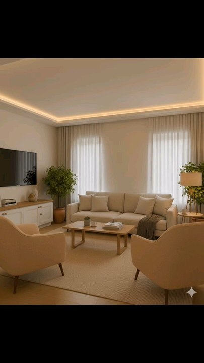 🌟 *Modern minimalist living room vibes!* 🌟This cozy, beige‑toned lounge feels like a warm hug. 🎨 A sleek flat‑screen TV sits on a crisp white wooden cabinet topped with stylish décor and books. Two comfy beige armchairs face a soft sectional sofa.