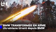 Soldats ukrainiens montent un lance-roquettes sur une BMW Série 7 et tirent sur des positions russes