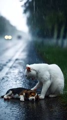 Kind Cat Rescues a Poor Unconscious Puppy Lying on the Road 🐾✨