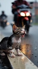 Lost Kitten Crying in the Rain, Rescued by a Kind Woman