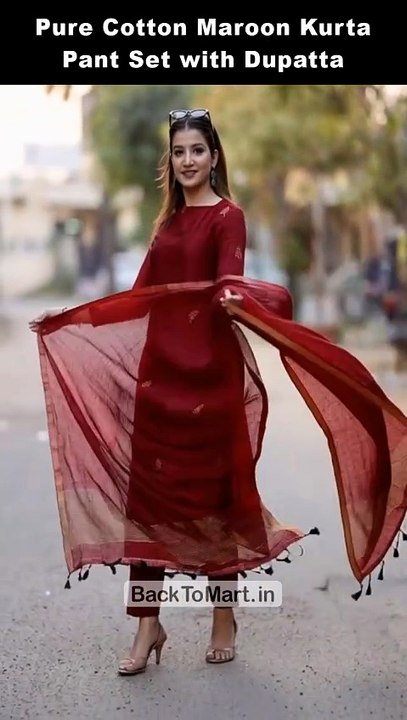 Pure Cotton Maroon Kurta Pant Set with Dupatta #fashion #trends