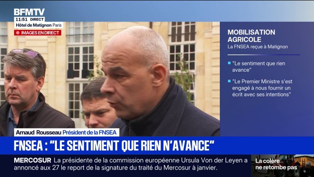 Colère agricole: Le Premier ministre s'est engagé, d'ici ce soir, à nous fournir un courrier avec l'ensemble des intentions de Matignon , déclare Arnaud Rousseau, président de la FNSEA