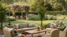 🌿✨ Elegant outdoor lounge in a lush garden oasis! Beige sofa set with colorful cushions sits on a patterned rug, surrounded by palm plants & blooming flowers. Stone patio leads to a pergola with pink vines & Adirondack chairs. Perfect #LuxuryOutdoors 🚀