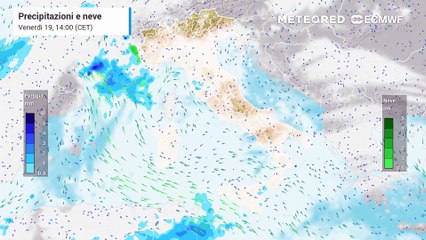 Mappa relativa a pioggia e neve previste nei prossimi giorni