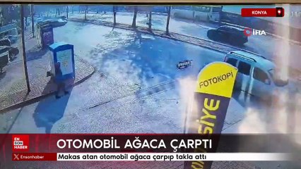Konya'da makas atan otomobil ağaca çarpıp takla attı