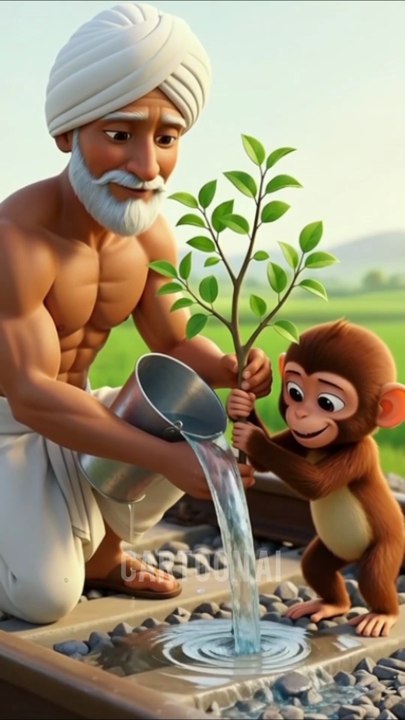 Farmer and Monkey Planting the Apple tree on the train track