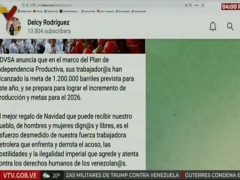 Vpdta. Delcy Rodríguez: PDVSA anuncia que han alcanzado la meta de 1 millón 200 mil barriles
