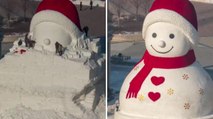 Realizzato in Cina un pupazzo di neve alto quasi 20 metri: il timelapse lungo 11 giorni della sua costruzione