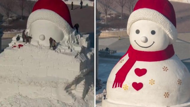Realizzato in Cina un pupazzo di neve alto quasi 20 metri: il timelapse lungo 11 giorni della sua costruzione