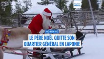 Le Père Noël sur son traîneau high-tech prend son envol depuis la Laponie