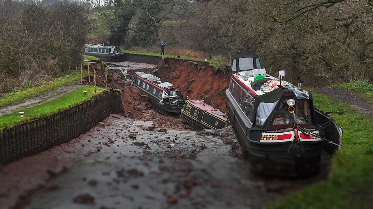 Drone footage shows enormous sinkhole that swallowed narrow boats on Shropshire Union Canal