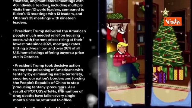 Trump cartoon legge sotto l'Albero, musica di Natale e traguardi Maga, gli auguri della Casa Bianca