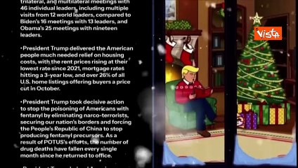 Trump cartoon legge sotto l'Albero, musica di Natale e traguardi Maga, gli auguri della Casa Bianca