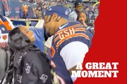 Simone Biles receives a special gesture from Jonathan Owens during Bears vs. Packers