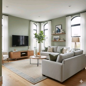 🌿✨ Transform your living space into a cozy, modern oasis! This stylish lounge features a light gray sofa with green & beige accent pillows, a sleek wooden TV stand, floating shelves with curated décor, and a tall green plant that adds fresh 📸🛋️