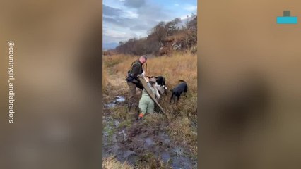 Country Walk Turns Comical as Woman Gets Stuck in Muddy Bog