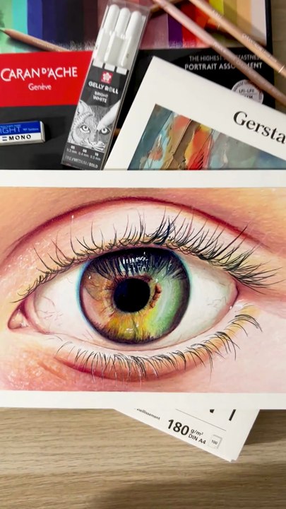 Dessin réaliste d'un œil avec les crayons de couleur