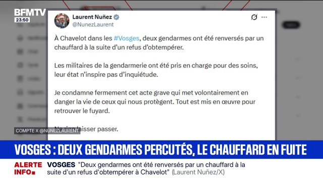 Vosges: deux gendarmes ont été renversés par un chauffard à la suite d'un refus d'obtempérer