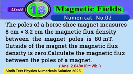 The poles of a horse shoe magnet measures 8cm × 3.2cm the magnetic flux density between the magnet poles is 80mT.Outside of the magnet the magnetic flux density is zero.Calculate the magnetic flux between the poles of a magnet.