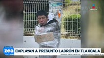 Habitantes de Tlaxcala emplayan a poste a un presunto ladrón