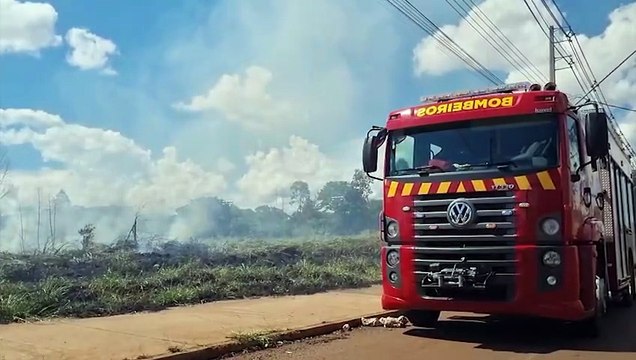 Bombeiros combatem incêndio em área de vegetação na Rua Rio da Paz