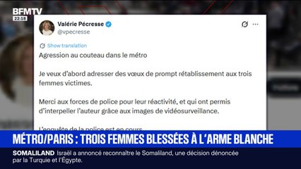 Agression au couteau dans le métro parisien: sur X, Valérie Pécresse a salué "la réactivité des forces de l'ordre"